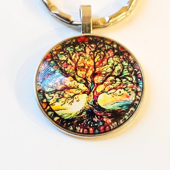 Colorful Tree of Life Keychain Vibrant Glass Dome Charm Symbolizing Growth Unity - Picture 2 of 4